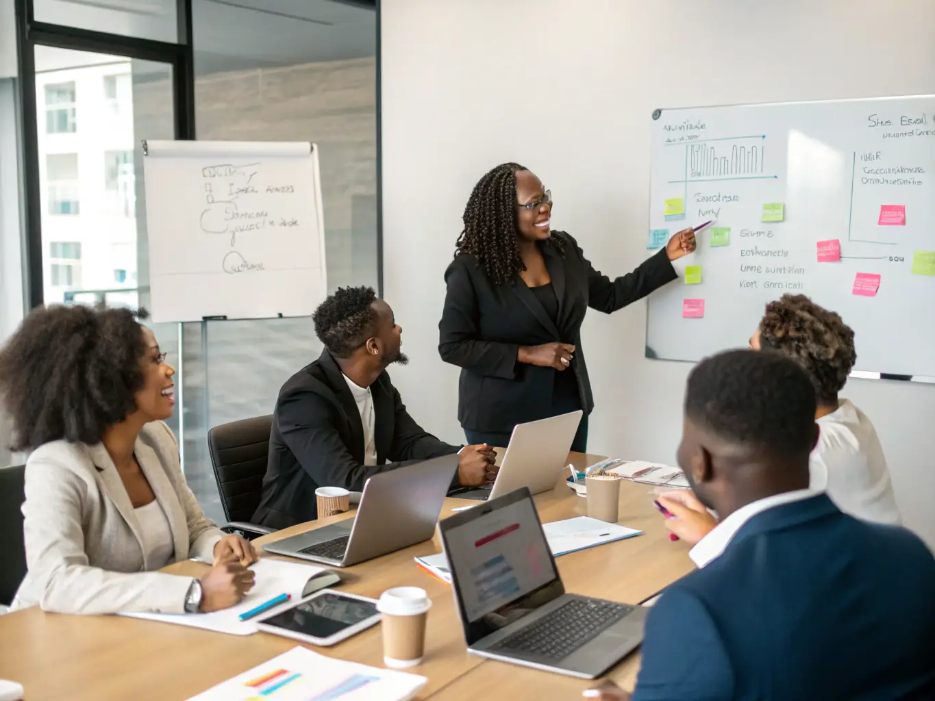 An image depicting a coach facilitating a workshop with business professionals, emphasizing creative problem-solving and innovative thinking in a modern office environment.