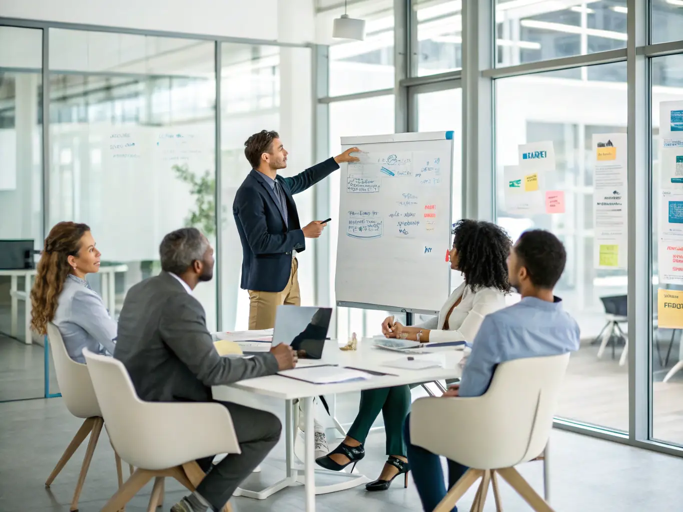 An image showing a leader inspiring their team during a brainstorming session, highlighting the importance of collaboration and idea generation in driving innovation.