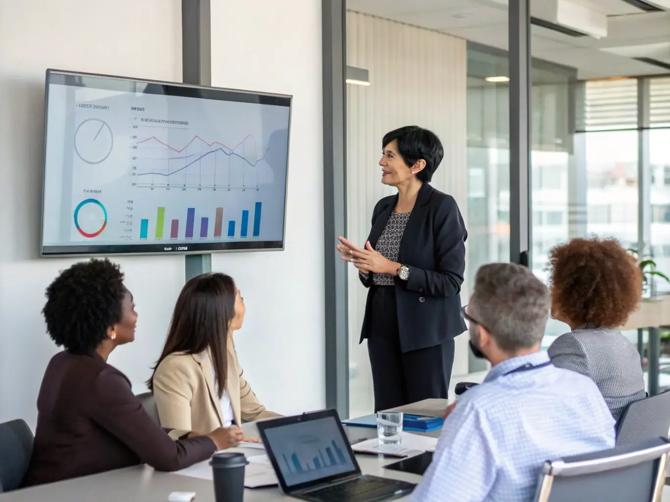 An image of a leader confidently presenting a new innovative strategy to their team, showcasing the impact of effective creative leadership.
