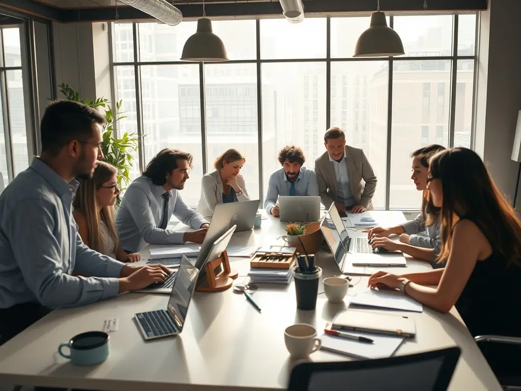 A dynamic image of a diverse team brainstorming ideas in a modern office setting, symbolizing collaborative innovation and creative problem-solving.